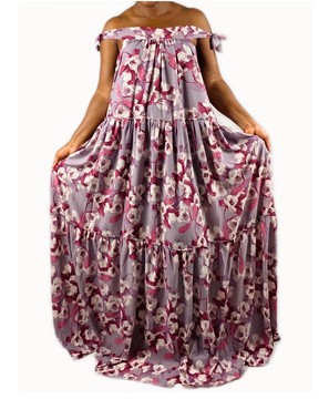 Purple Floral Print Multicolor Georgette Off Shoulder Ruffle Maxi Dress