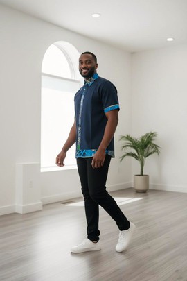 Men’s Blue Polo Shirt with African Ankara Print Collar and Zipper, Ankara T-shirt
