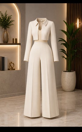 Women's Cream Cropped Collared Jacket and High-Waisted Wide-Leg Trouser Set