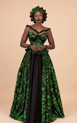 Luxury Green Ankara Corset Gown – Off-Shoulder Lace-Up Back African Print Maxi Dress