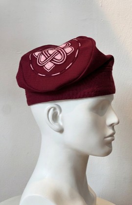 Handcrafted Aso-Oke Kufi Cap – Deep Burgundy / Wine with Pink Embroidery