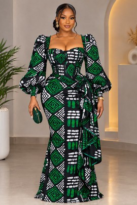 Ankara Corset Dress, Exaggerated Sleeves Pencil Gown