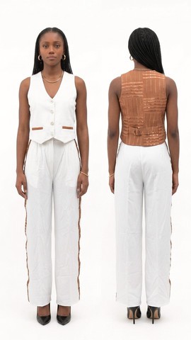 White &amp; Caramel Handwoven Aso Oke Waistcoat and Trouser Set