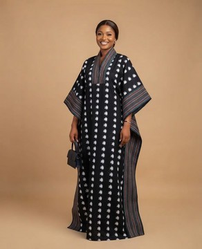 Classic Black and White Patterned Handwoven Aso-Oke Kaftan Dress