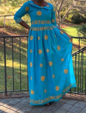 Blue and Gold Floral Sequin Embellished Collared Long Sleeve Maxi Dress