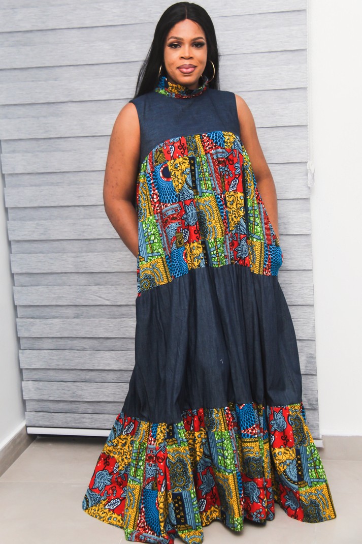 Makena Maxi Denimkara Dress/ Ankara Maxi Dress/ African Women Fashion/ -  ANKA