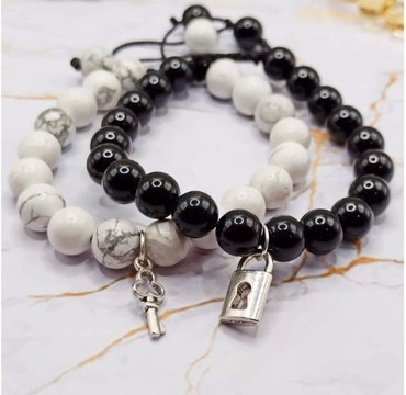 Howlite/ Onyx bracelets - natural stone/ clover key + padlock couple/ Madagascar