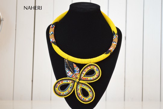 African beaded necklace yellow tribal handmade jewelry