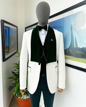 An ivory floral jacquard shawl wide cut lapel jacquard Suit