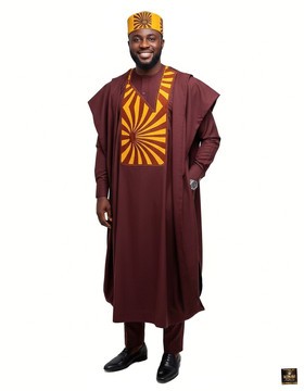 Burgundy Agbada set with cap