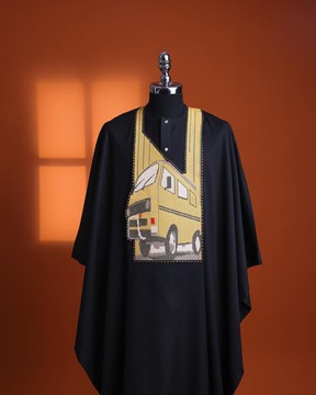 A charcoal black, “omo danfo” embrodery details agbada, 3/4 sleeve kaftan &amp; sokoto