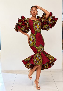 Robe Ankara en imprimé africain, robe de luxe à manches volantées, robe de mariée sirène