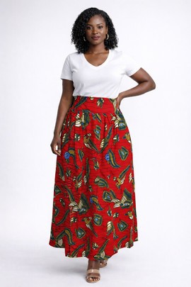 Long, high-waisted wax print skirt –