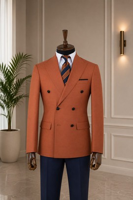 Blazer croisé orange rouille pour homme avec pantalon bleu marine – Costume ajusté bicolore