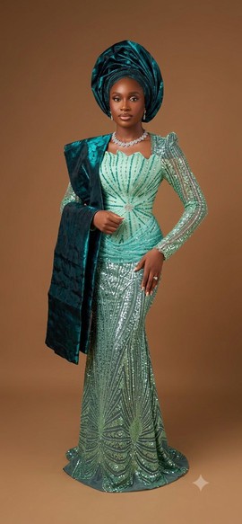 Ethereal Mint and Deep Teal Sequined Gown with Silk Brocade Ipele