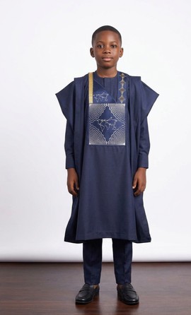 Kids Navy Agbada 3-Piece Set – Gold &amp; Silver Embroidered Boys Traditional Outfit