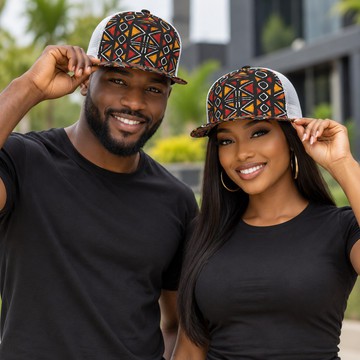 Casquette en mesh noire à visière plate à imprimé bogolan traditionnel | Couvre-chef bogolan | Bynelo