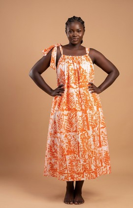 Orange Adire Tie-Shoulder Midi Dress |Summer Garden Parties|Beach vacations|Casual outings