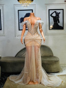 Gold embellished rhinestones dress, prom gowns, engagement dress