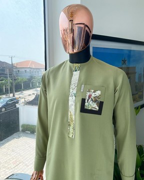 An olive green &amp; paisley flap detailing african traditional senator kaftan native.