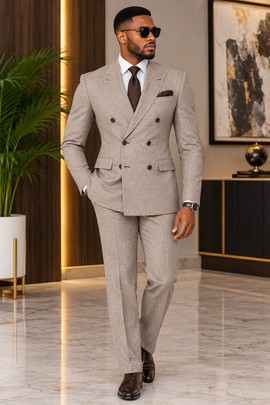 Men's Beige Double Breasted Suit – Slim Fit Two Piece Linen Look Suit