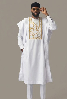 Men's white 3-piece Agbada set with Matching Fila cap | Nigerian Yoruba Traditional Attire