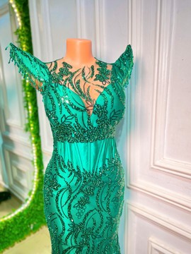 Robe sirène perlée de luxe, robe longue verte, robe verte veekee james