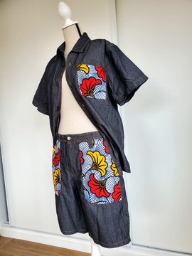 "ENSEMBLE MIXTE SHORT CHEMISETTE JEANS NOIR CUSTOMISES WAX FLEUR DE MARIAGE"