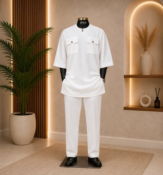 Men's White Cotton Blend Senator Set with Double Chest Pocket