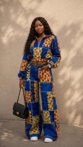 Women's Blue &amp; Gold Ankara Print Patchwork Two-Piece Set – Cropped Zip Jacket &amp; Wide-Leg Pants