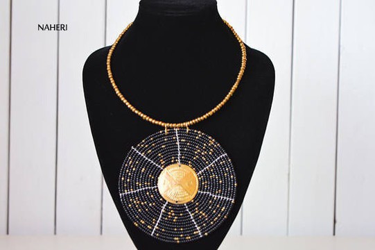 African black beaded necklace disc pendant with brass