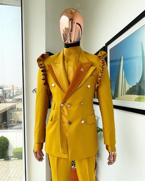 A “Made in Lagos”, Wing Flare, Quad peak lapel, triple breasted metallic jacquard blazer suit,