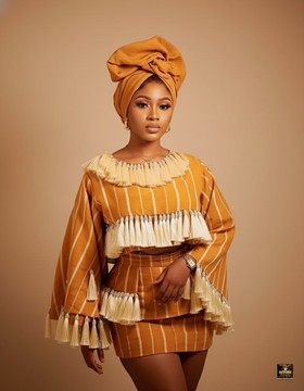 Mustard Handwoven Aso-oke Tassel-Trim Mini Skirt Set