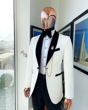 An Ivory white shawl lapel floral jacquard suit