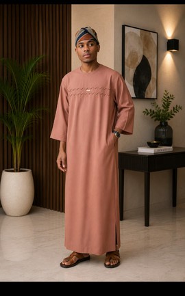 Men's Rust Pink Long Sleeve Thobe Kaftan with Zigzag Chest Detail