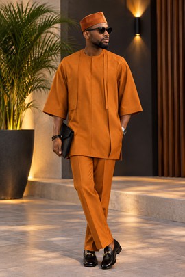 Tenue sénatoriale pour homme orange rouille – Ensemble 2 pièces avec tunique à détail foulard et pantalon,