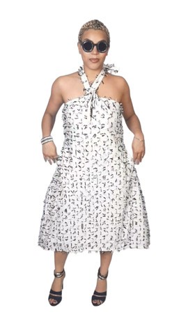 White and Partly Dense Black Mix Patterned Halter Neck Dress