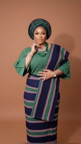 Women Nigerian Traditional Navy and Green Striped Aso-Oke Iro and Buba and Ipele and Auto Gele