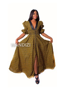 Yellow African Print V-neck Maxi Dress, Ankara Long Dress, African Clothing for Women