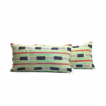 2pcs Light Green and Navy Blue Handwoven Vintage Baoulé Cloth XL Lumbar Cushion/Pillow Covers