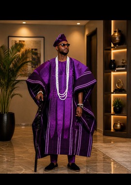 Men's Purple Aso Oke Agbada Set – Striped Handwoven Robe with Matching Cap