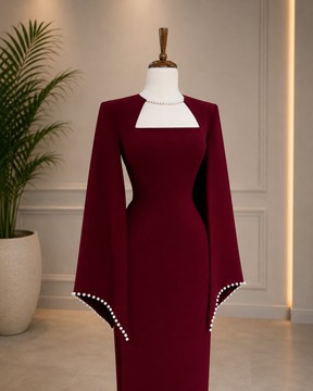 Burgundy Maroon Long Sleeve Evening Dress – Square Neck Fitted Gown with Pearl Trim Cape Sleeves