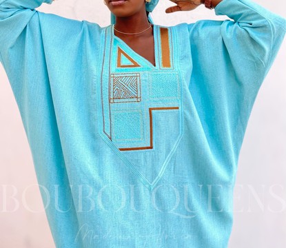 African Boubou dress for women "Diena" Navy Blue in glazed linen — With scarf