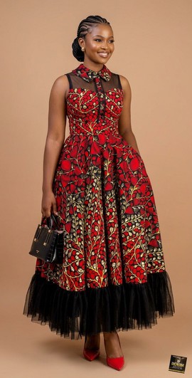Ankara Midi Dress with Sheer Illusion Yoke, Peter Pan Collar, and Tulle Ruffle Hem|Garden parties