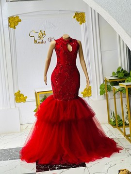 Red lace tulle mermaid dress, wedding dressses, homecoming dress, prom gowns