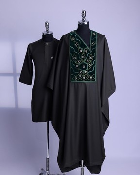 A seaweed green, grommet eyelet on dropping octa embroidery details agbada