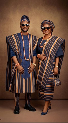 Navy &amp; Gold Striped Agbada Couple Set