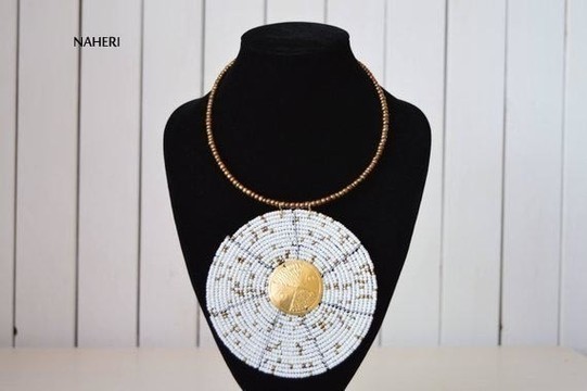 African white beaded necklace disc pendant with brass