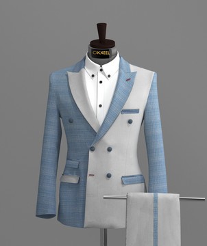 skyblue-offwhite double breasted tweed suit