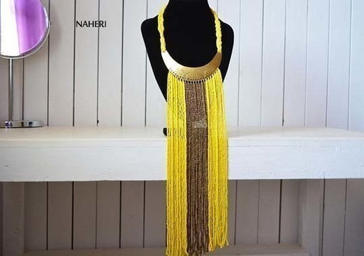 African beaded necklace, Yellow Tribal fringe neckpiece. African Jewelry. Gift for her